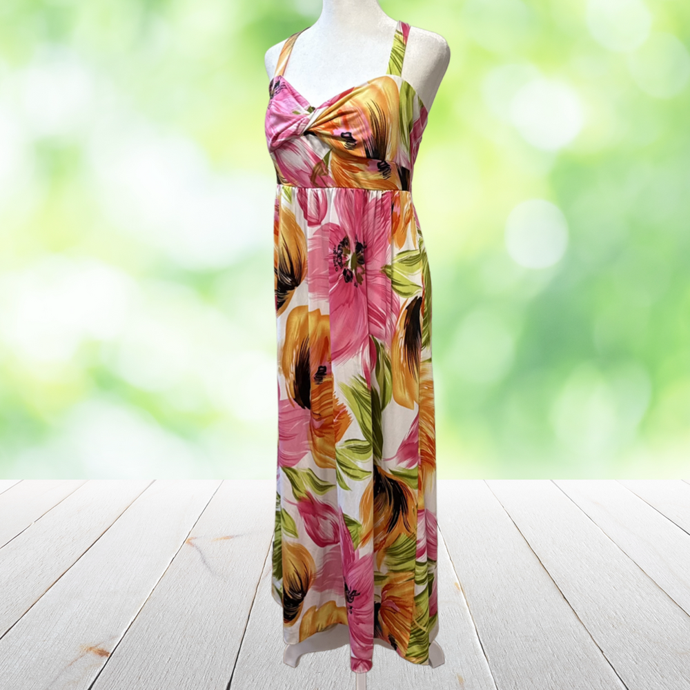 Vintage Y2K KARIN STEVENS Maxi Dress Empire Waist Floral Tropical Resort Size 10 - Picture 3 of 11